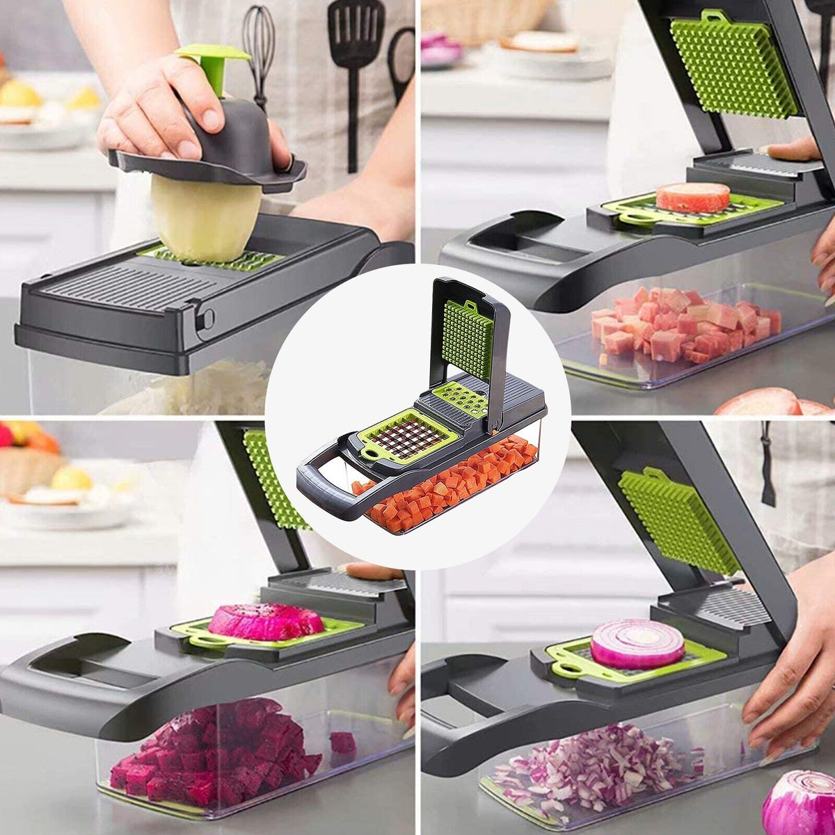 16-in-1 Vegetable Chopper & Slicer – 8 Stainless Steel Blades, 1.5L Container
