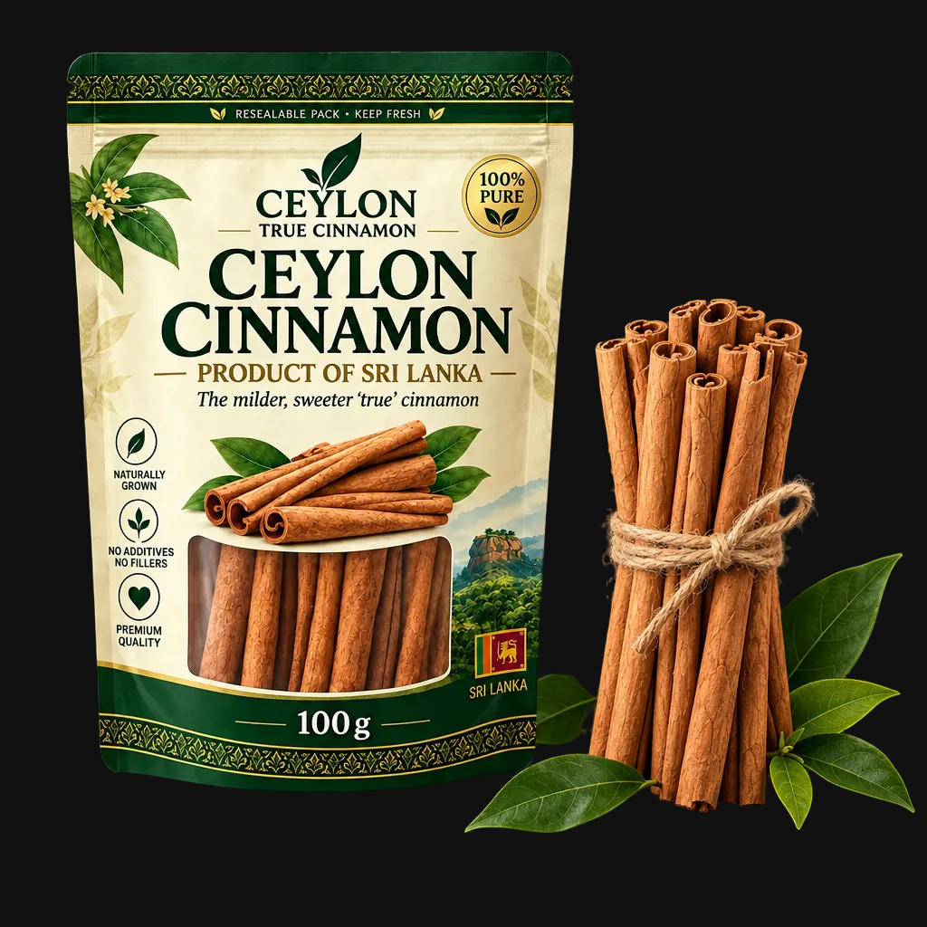 Two stand-up pouches of Ceylon True Cinnamon shown side by side on a dark background. The packaging is cream and green with illustrations of cinnamon sticks, leaves, and a scenic Sri Lanka photo, and the front and back of the bag are visible.