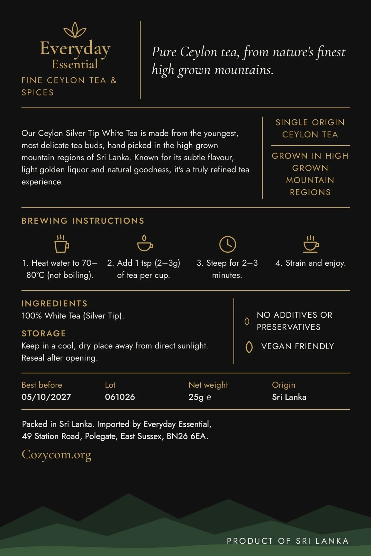 Ceylon Silver Tip white tea pouch – back, brewing instructions and ingredients