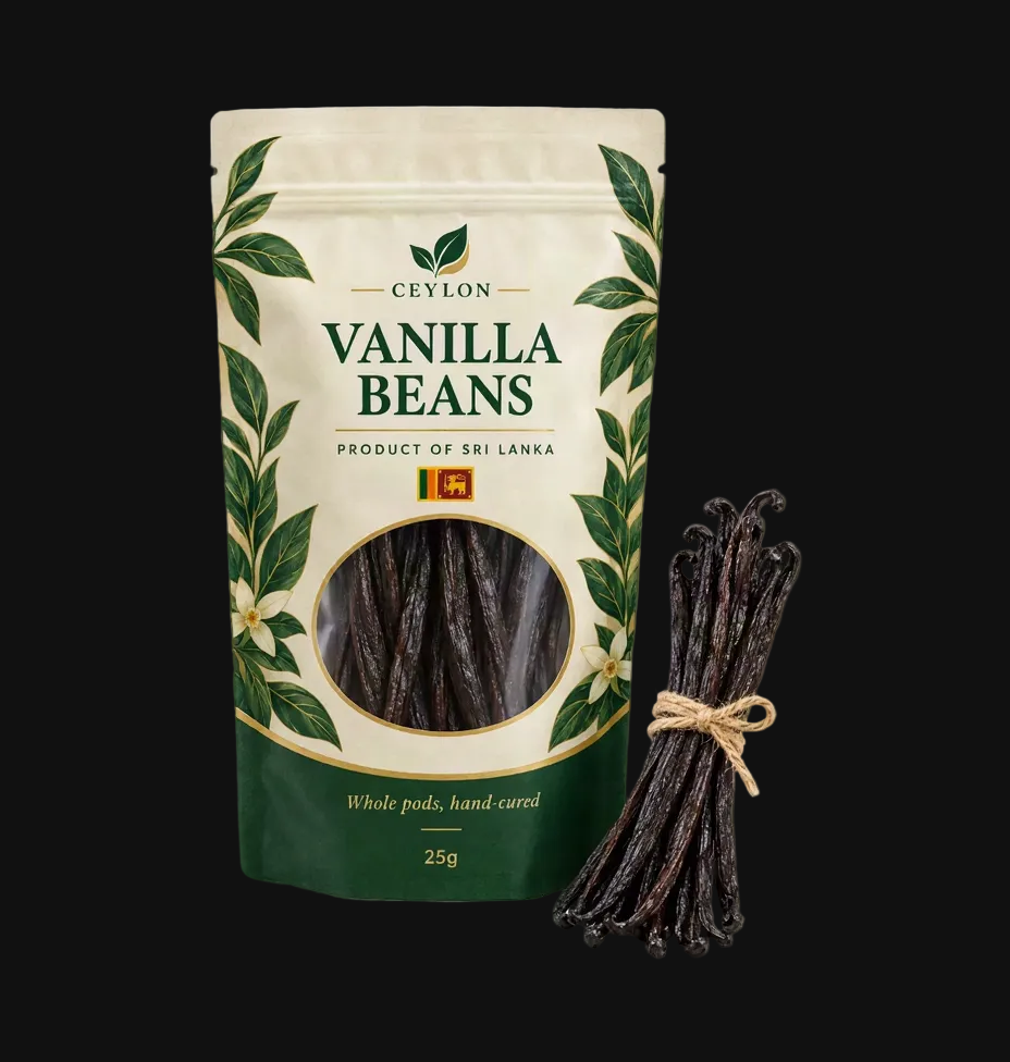 A stand-up pouch of Ceylon Vanilla Beans next to a small bundle of whole vanilla pods tied with twine, on a dark gray background. The pouch is cream and green with botanical illustrations and a circular window showing the beans inside.