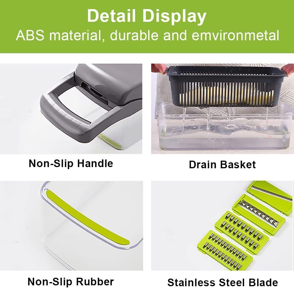 16-in-1 Vegetable Chopper & Slicer – 8 Stainless Steel Blades, 1.5L Container